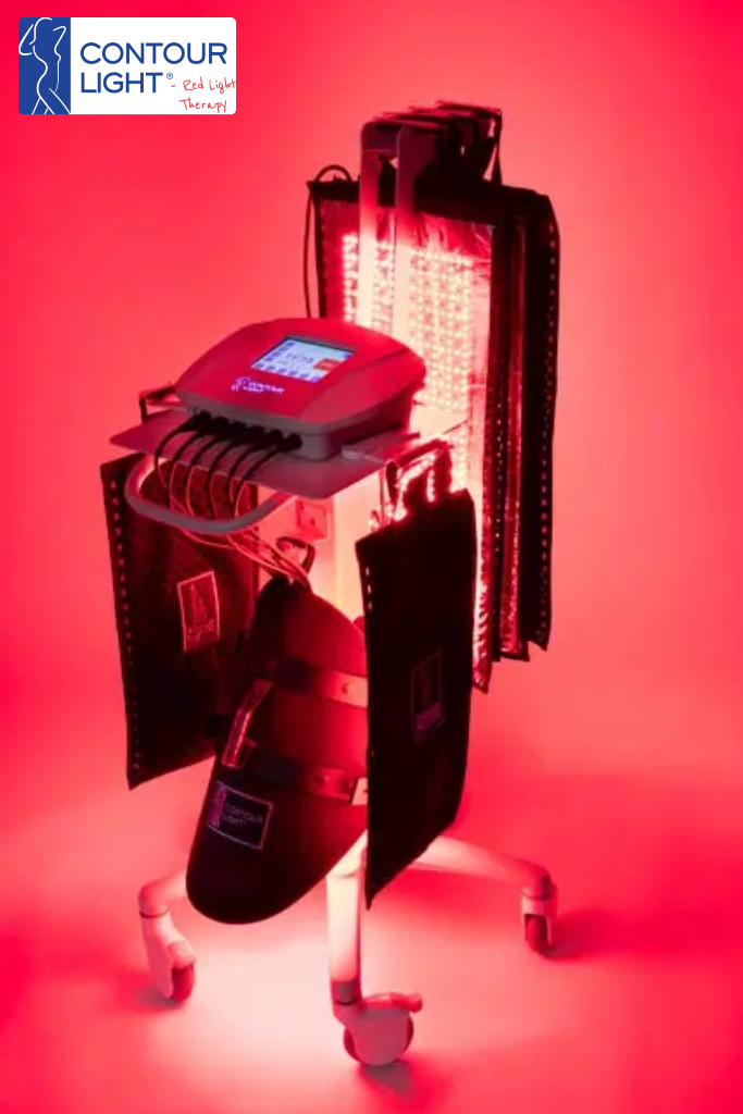 Contour Light red light therapy body contouring device on rolling cart with flexible LED pads at ReNuYou studio