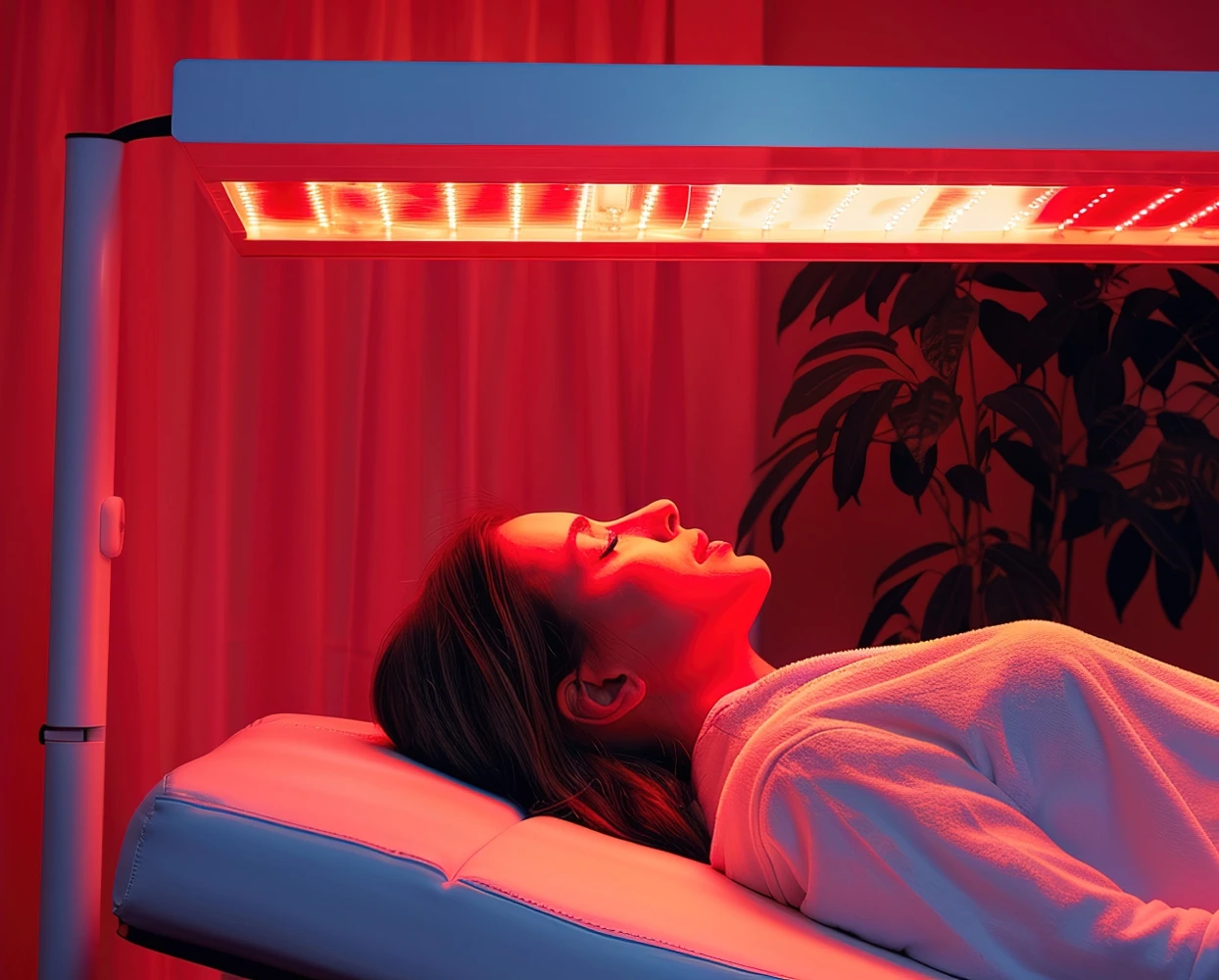 Side view of woman relaxing under red light therapy facial panel during rejuvenating skin treatment at ReNuYou wellness studio