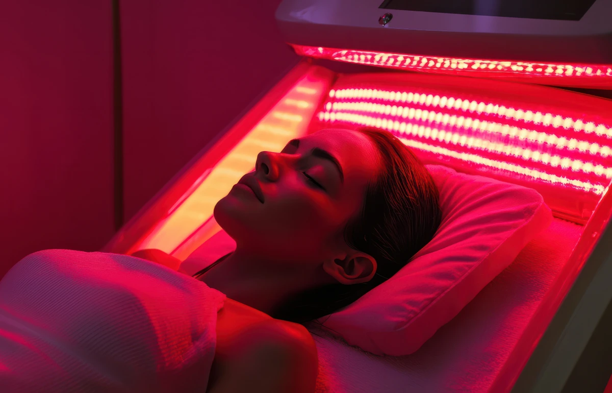 Joyful client smiling during full-body red light therapy session in front of glowing LED wellness panel at ReNuYou studio