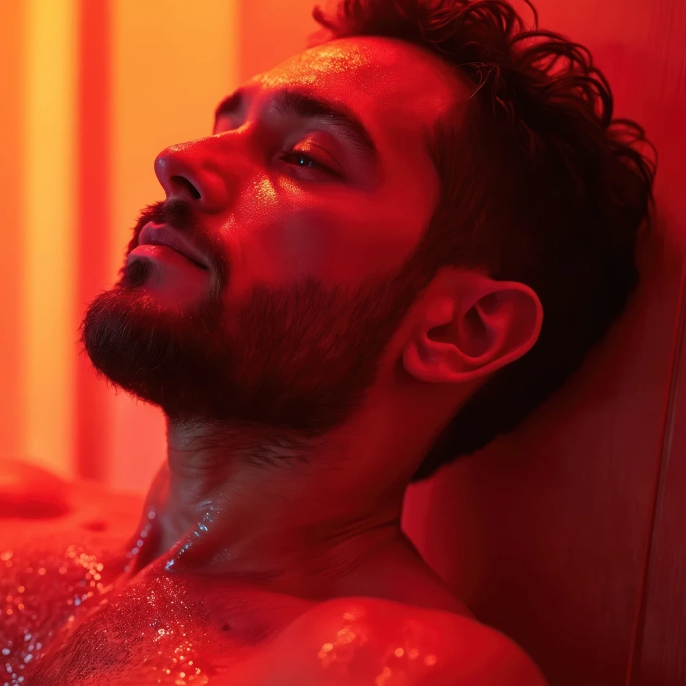 Rolled towel on wooden bench inside warm red light therapy sauna at ReNuYou wellness studio