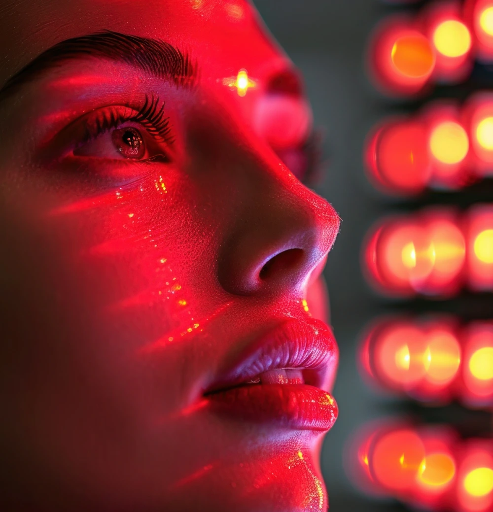 Close-up of woman receiving a targeted red light facial treatment to smooth skin tone and boost collagen.